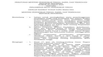 Permendikbudristek 39 tahun 2025 tentang penjaminan mutu perguruan tinggi